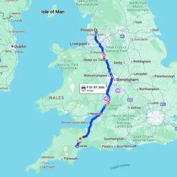 Map showing the distance from Preston Street Films in Exeter to Preston in Lancashire